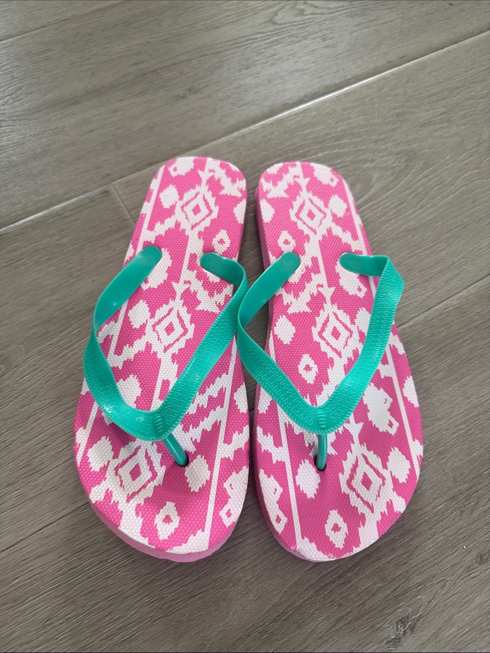 Kids Pink Patterned Flip-Flops with Teal Straps